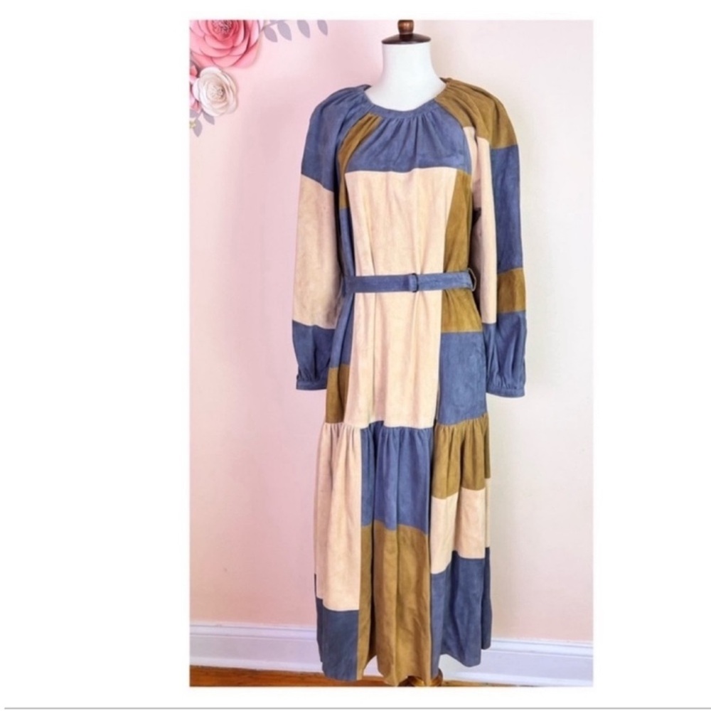 New! Rare ULLA JOHNSON Bernadine Patchwork Lambskin Suede Leather Midi Dress - Picture 7 of 12